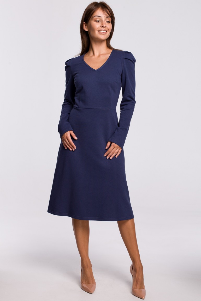 CM5396 Trapezowa sukienka z bufkami - niebieska