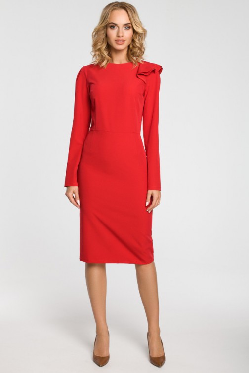 CM3105 Ołówkowa sukienka z falbankami na ramieniu - czerwona