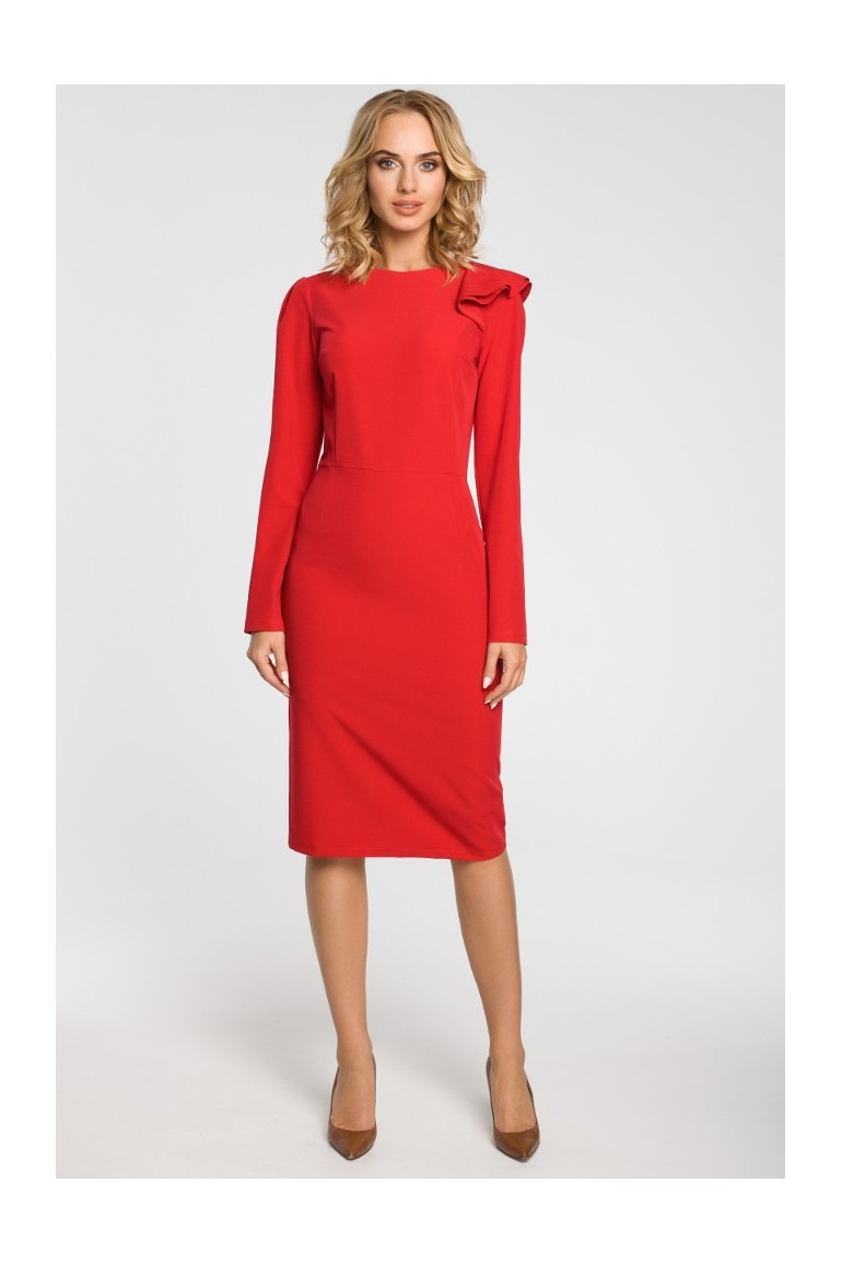 CM3105 Ołówkowa sukienka z falbankami na ramieniu - czerwona