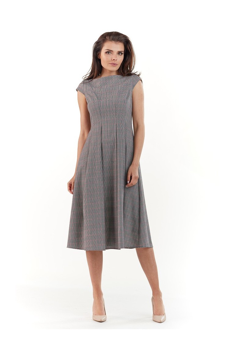 CM3730 Elegancka sukienka midi w kratkę - szara