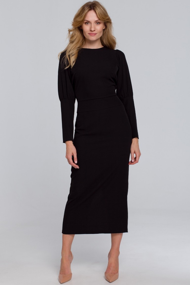 CM5456 Sukienka midi z wysokimi mankietami - czarna