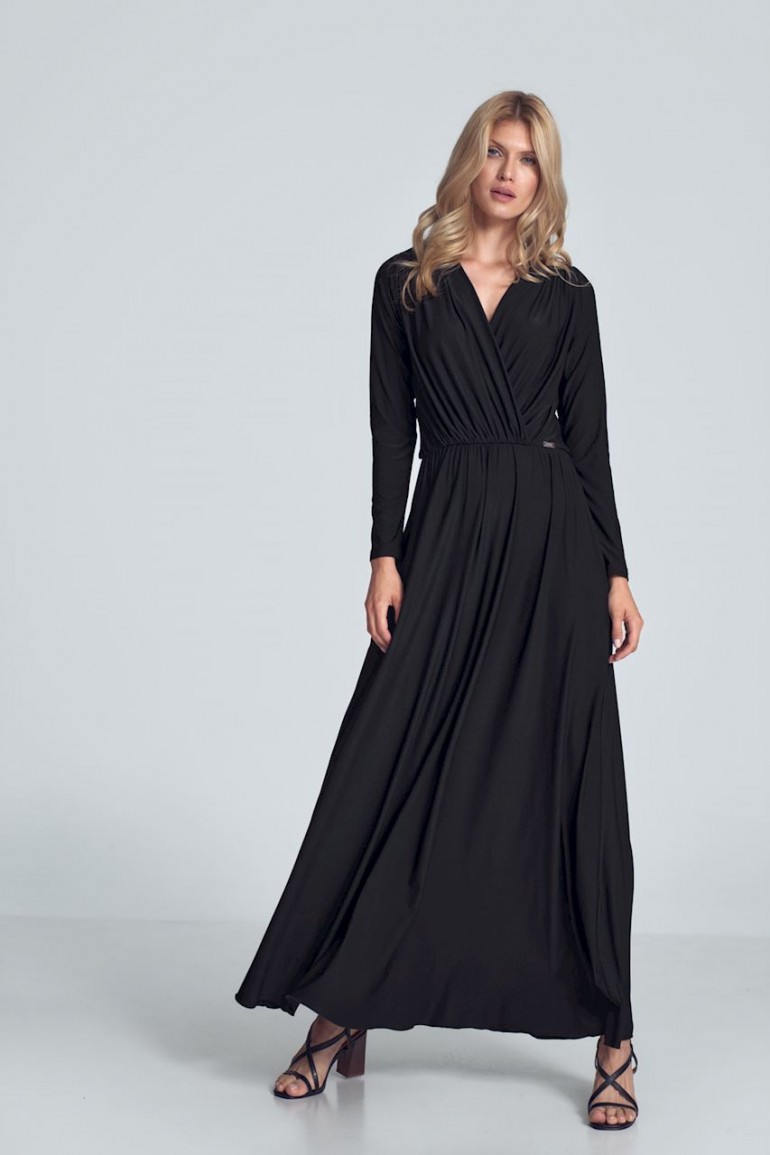 CM5481 Kopertowa sukienka maxi z długim rękawem - czarna