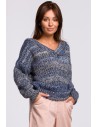 Wielokolorowy sweter z dekoltem V - niebieski