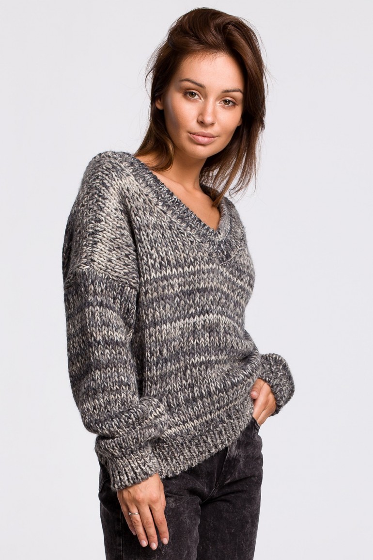 CM5525 Wielokolorowy sweter z dekoltem V - szary
