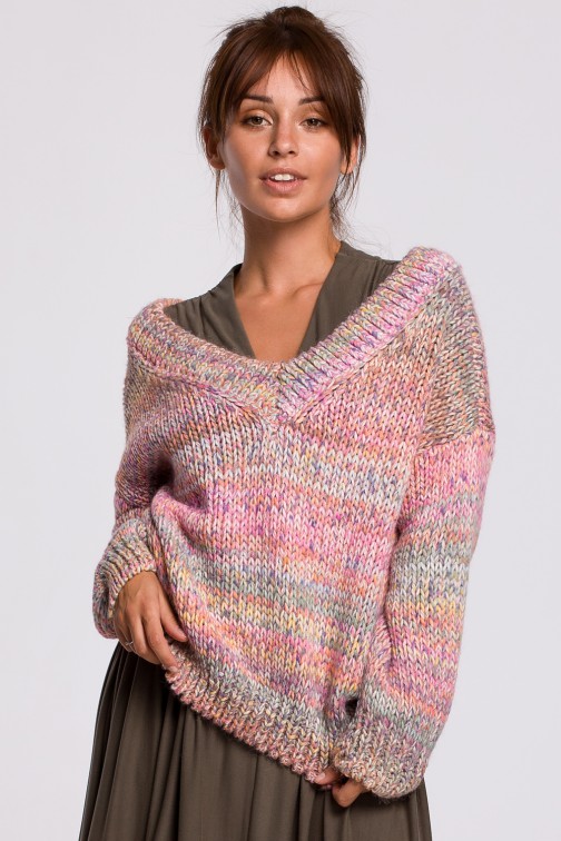CM5525 Wielokolorowy sweter z dekoltem V - różowy