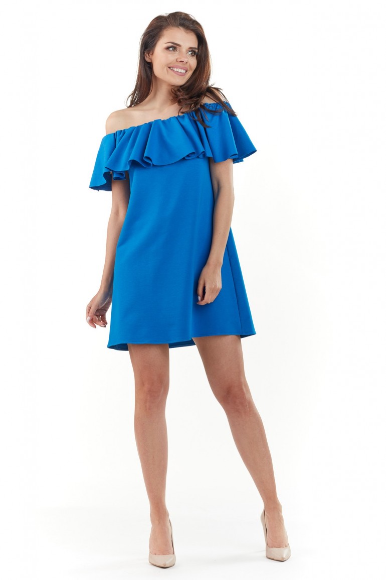 CM3762 Sukienka mini z odkrytymi ramionami - niebieska