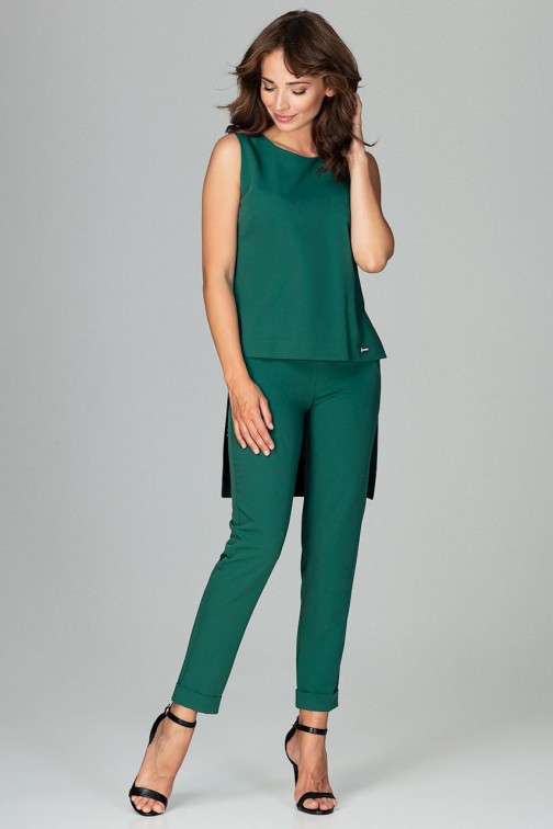 CM3796 Komplet - asymetryczna bluzka i klasyczne spodnie - zielony