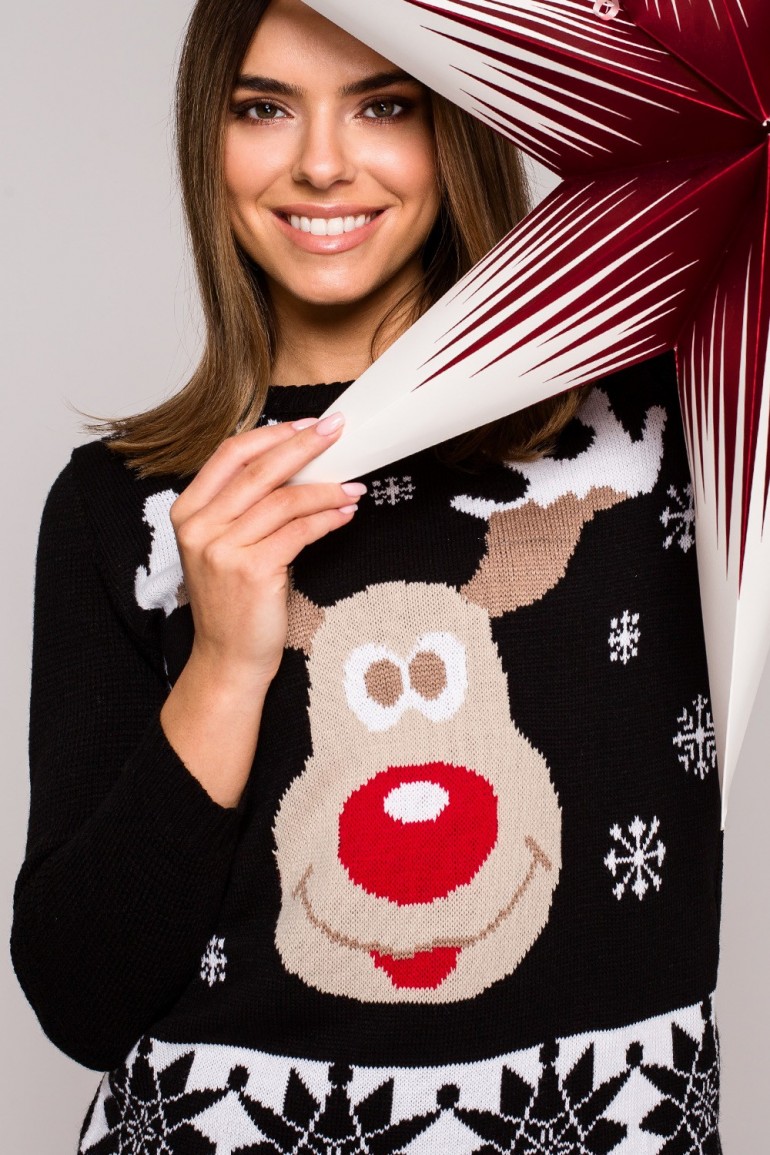 CM5692 Sweter świąteczny z reniferem - czarny