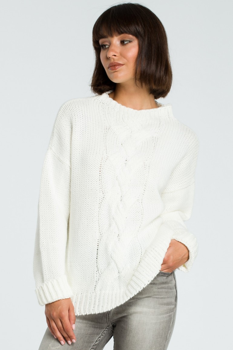 CM3824 Damski sweter z warkoczem - ecru