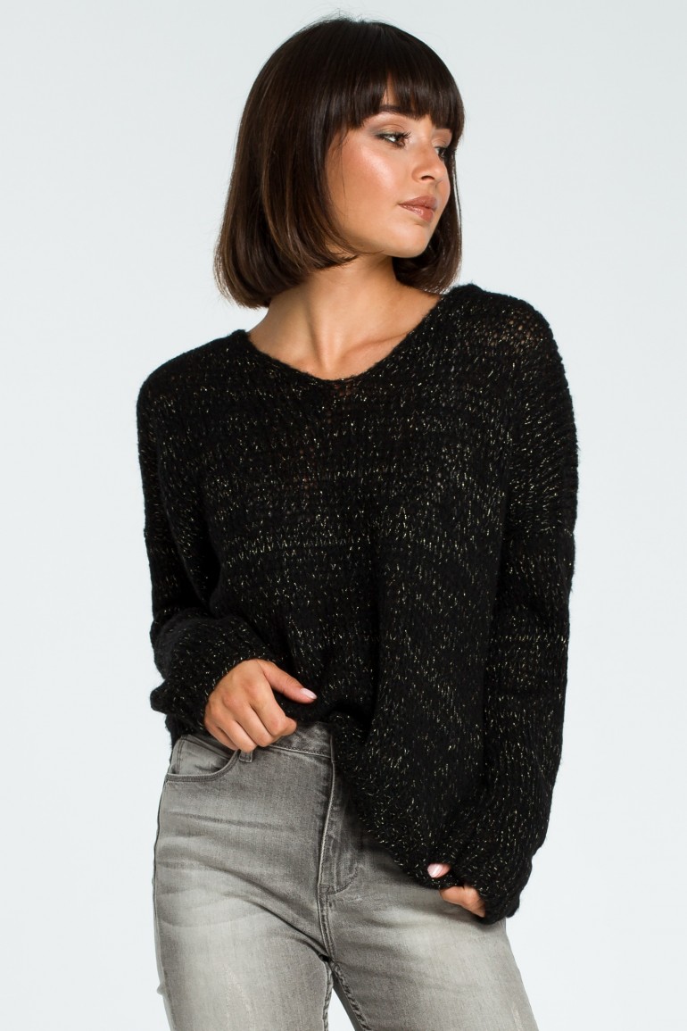 CM3825 Wygodny sweter z dużym dekoltem - czarny