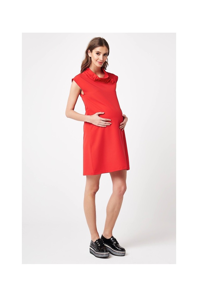CM5784 Sukienka ciążowa z dekoltem w falbanki - czerwona