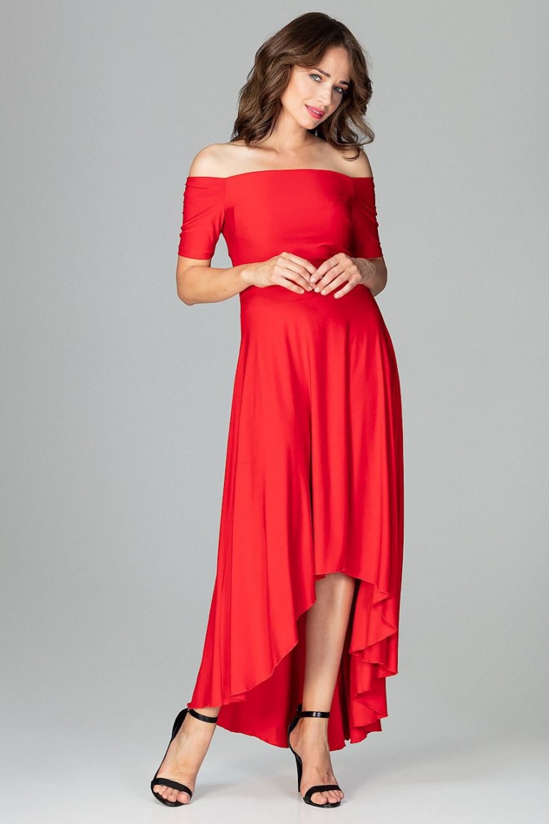 CM3851 Asymetryczna sukienka wieczorowa z falbanami - czerwona