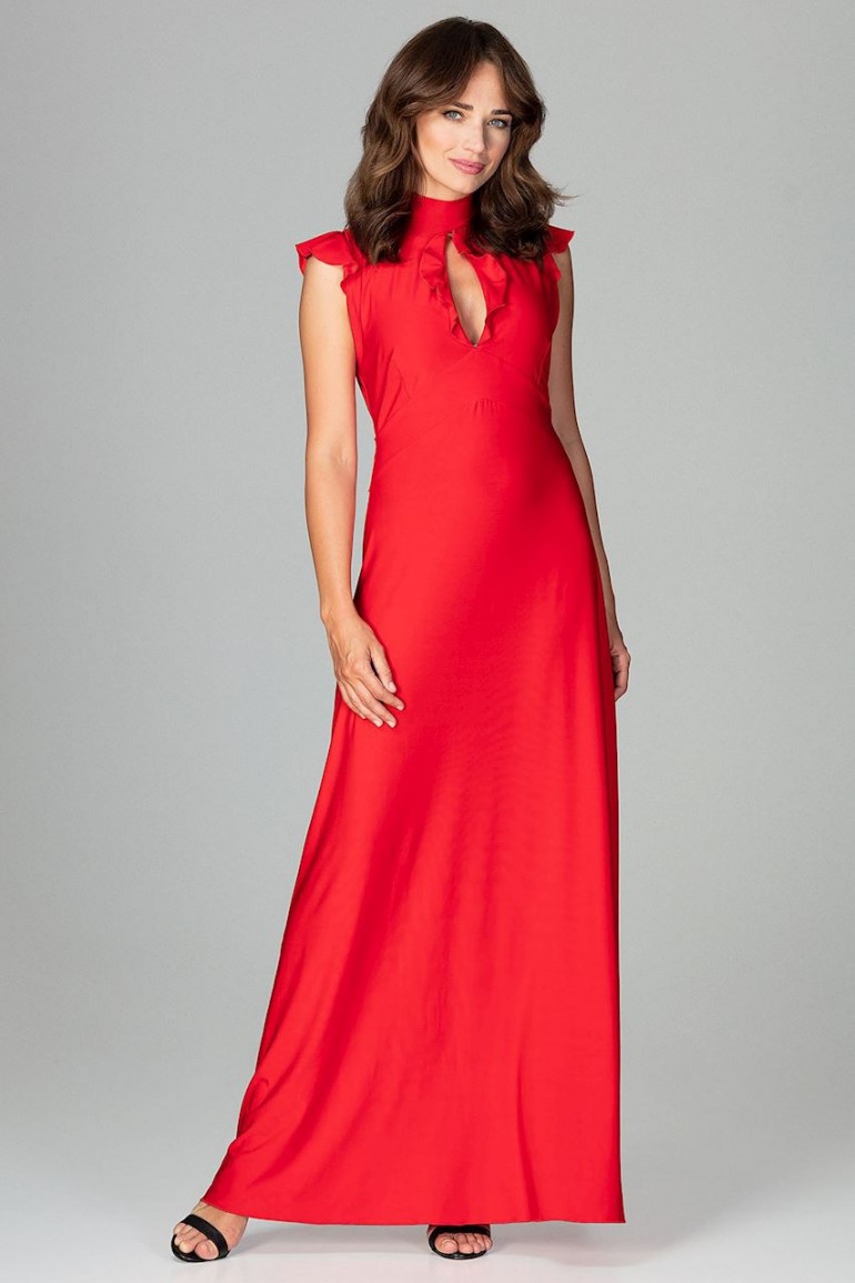 CM3852 Rozkloszowana sukienka maxi - czerwona