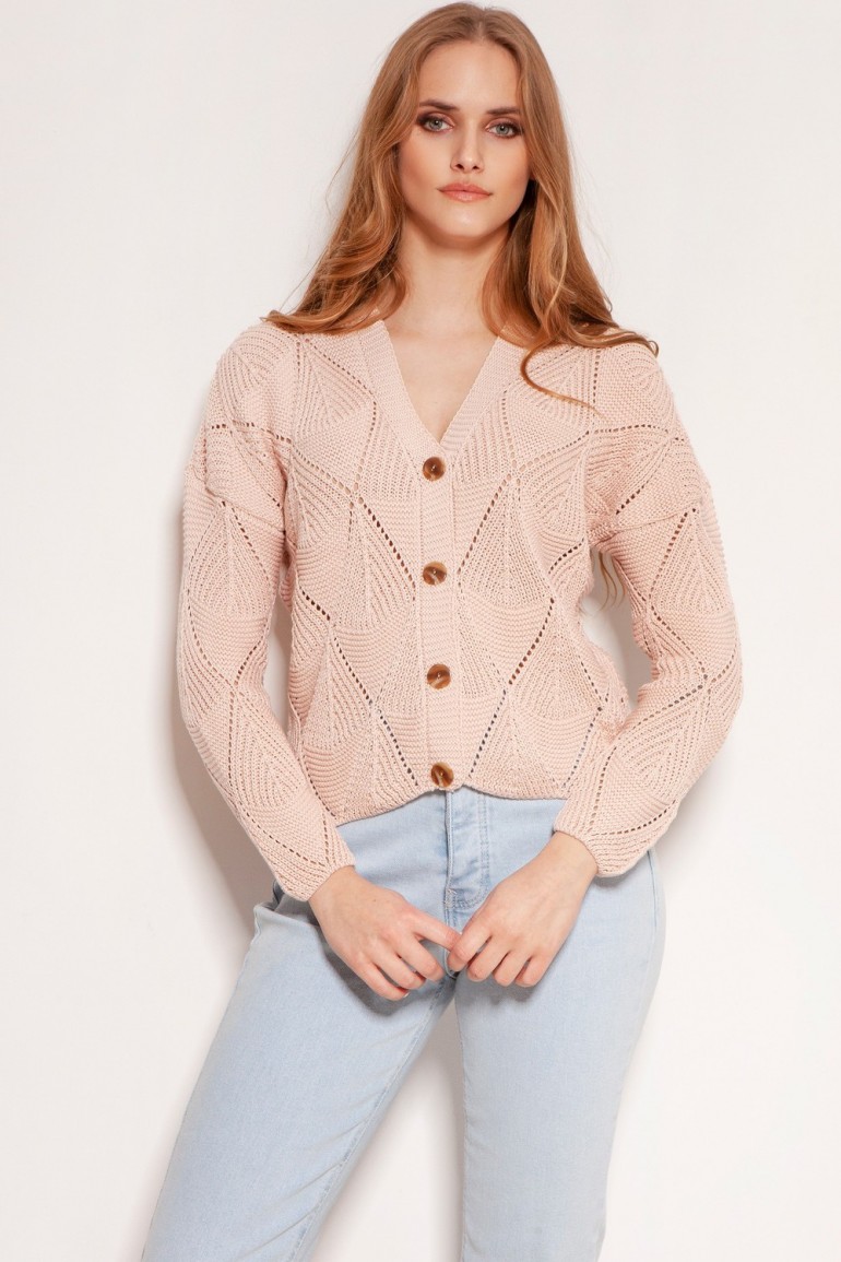 CM5920 Ażurowy sweter na guziki - różowy