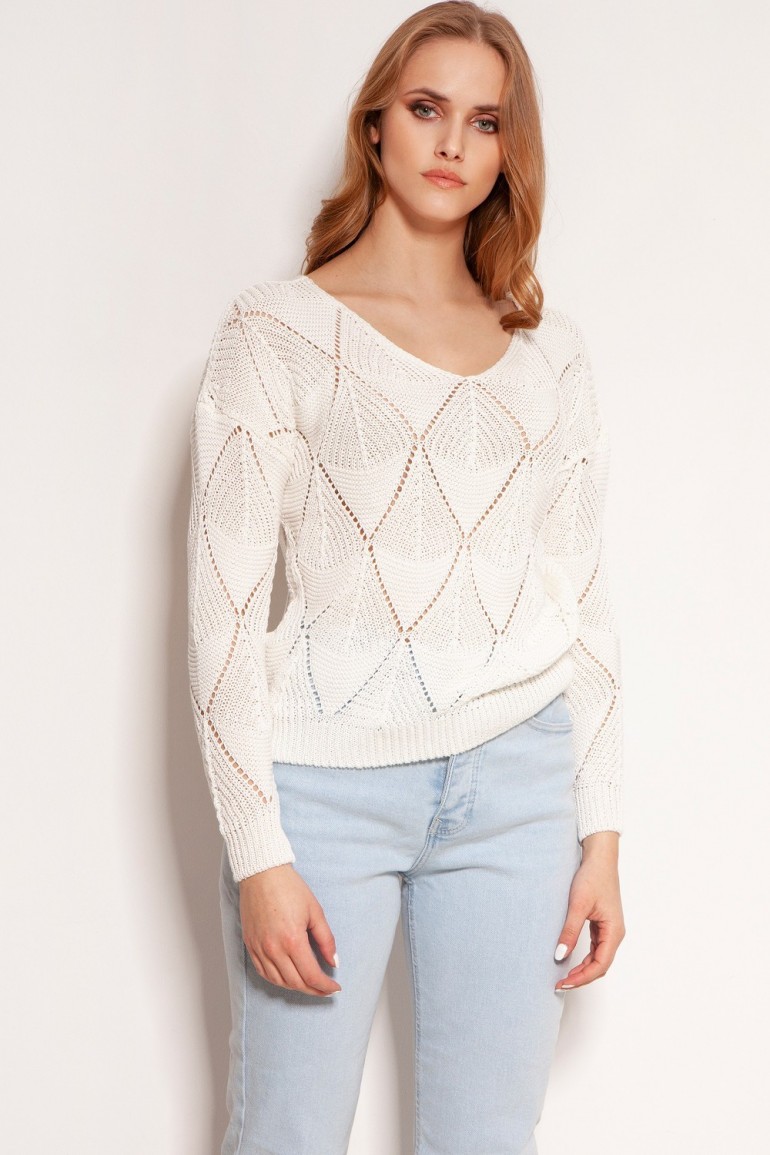 CM5921 Luźny ażurowy sweter z długim rękawem - ecru