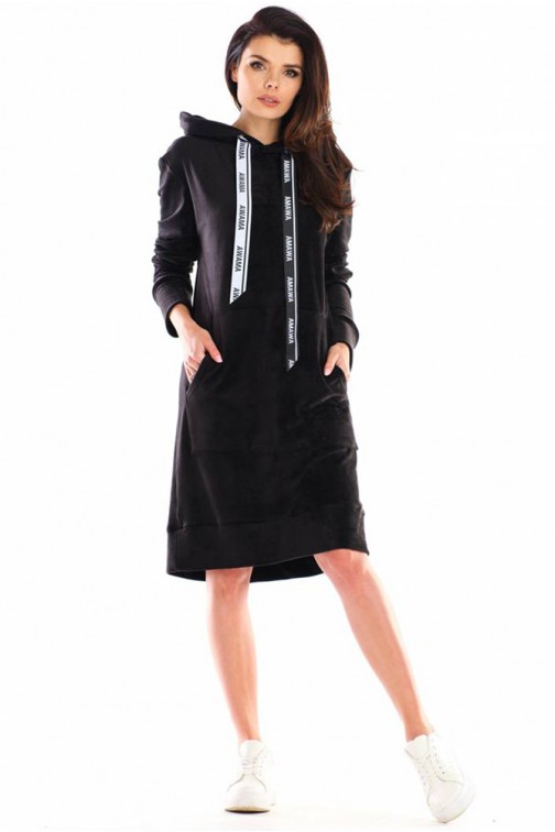 CM6004 Sportowa sukienka welurowa midi - czarna