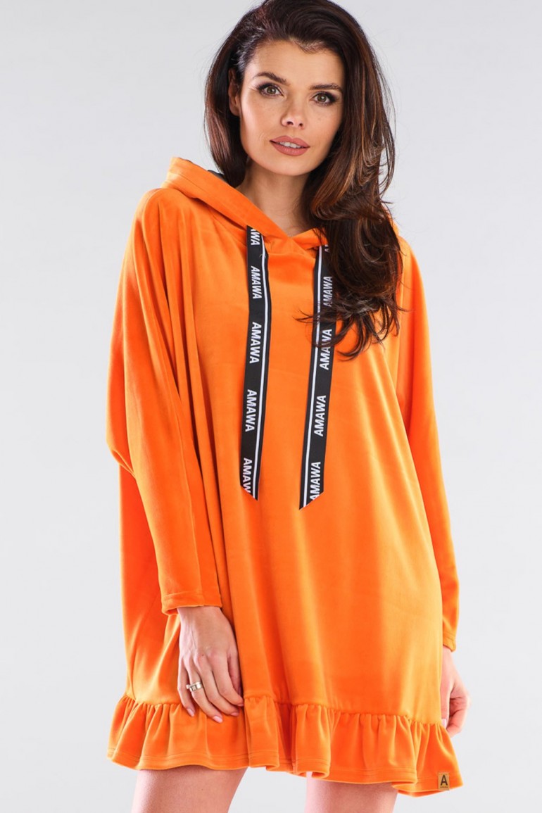 CM6008 Welurowa bluza oversize z falbanką - pomarańczowa