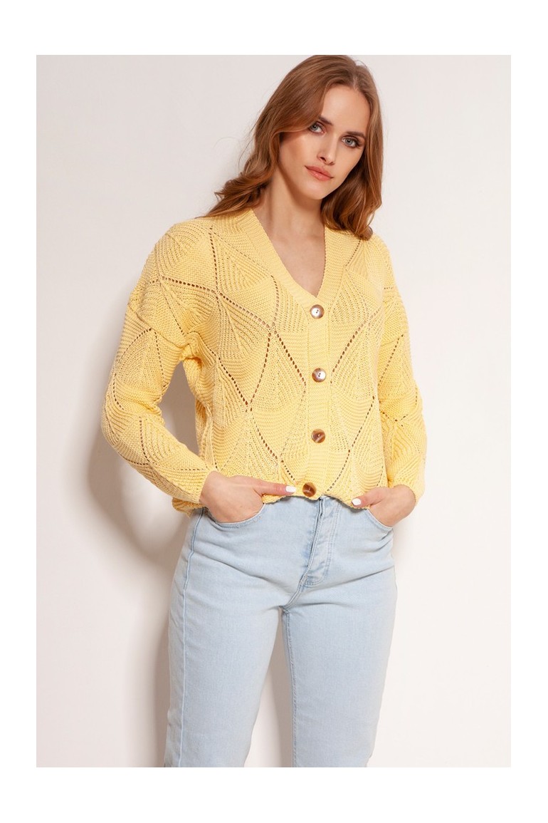 CM5920 Ażurowy sweter na guziki - żółty
