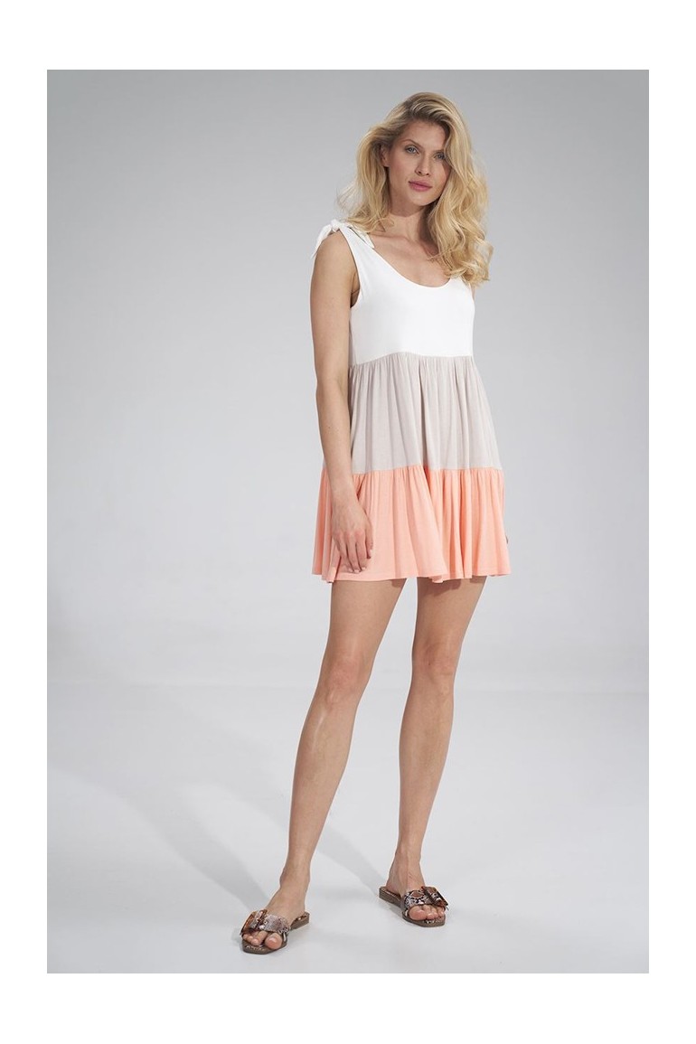 CM6024 Sukienka mini wiązana na ramiączkach - brzoskwiniowo-beżowo-ecru