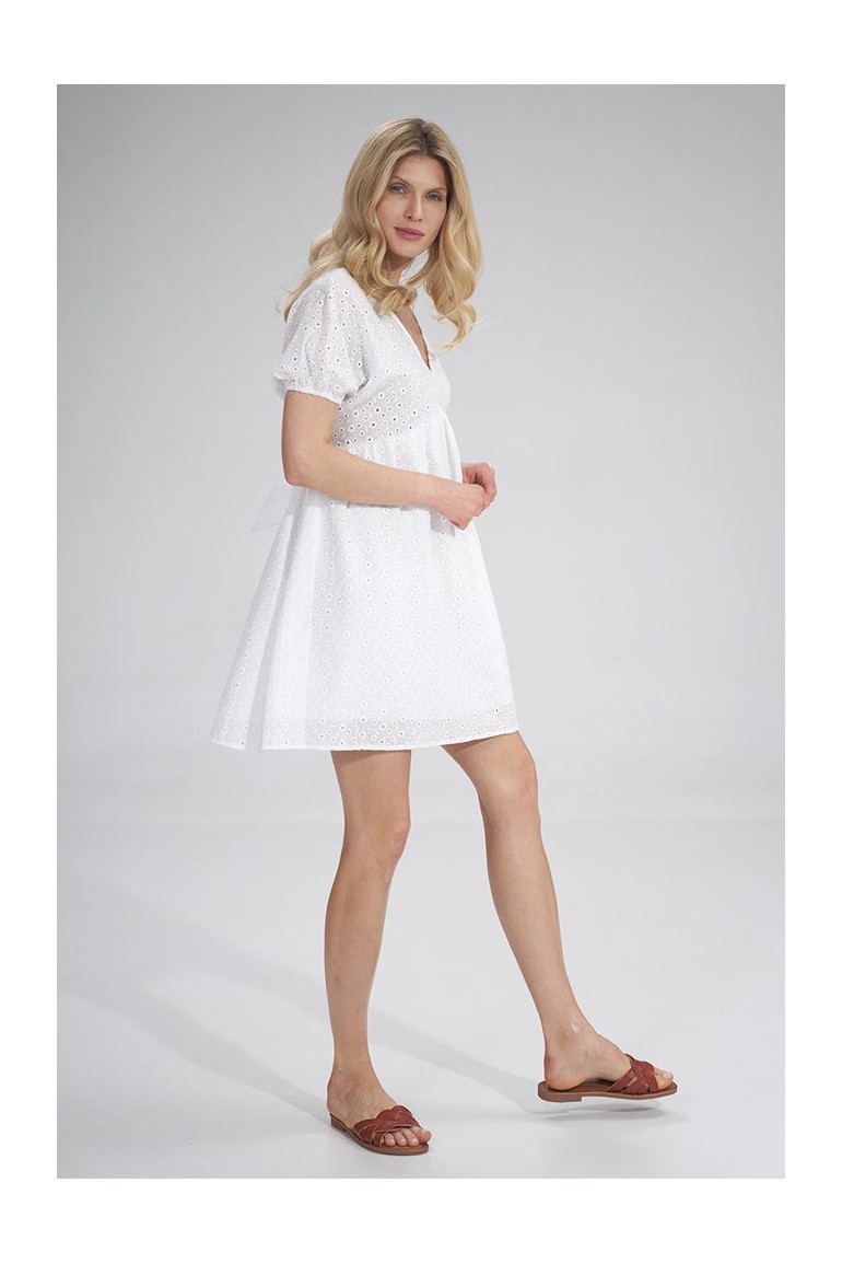CM6034 Haftowana sukienka z bufiastym rękawem - biała