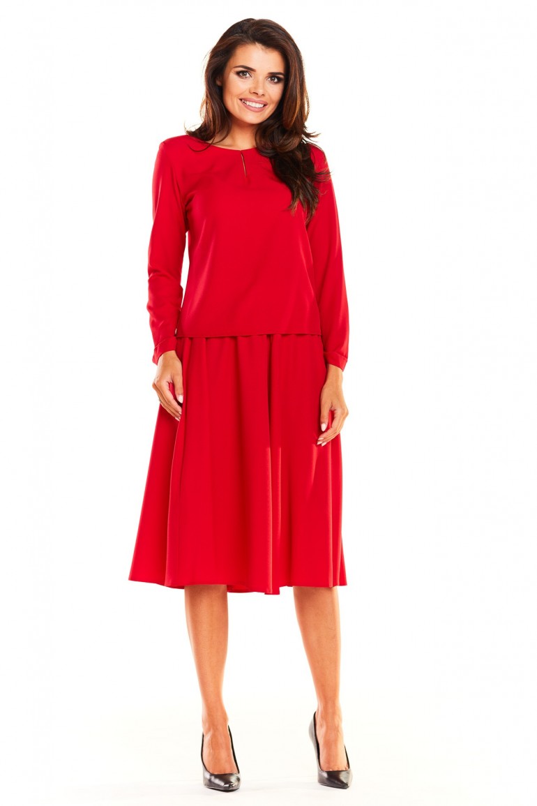 CM3931 Komplet - bluzka z długim rękawem i rozkloszowana spódnica - czerwony