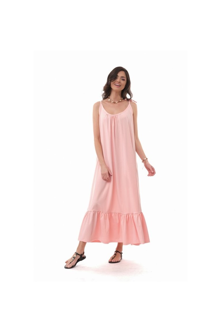 CM6079 Bawełniana sukienka maxi na ramiączkach - pudrowo-różowa