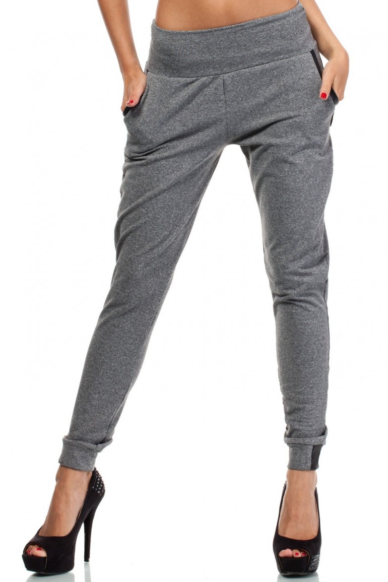 CM1854 Eleganckie dresowe spodnie na polarze z kieszeniami - szare