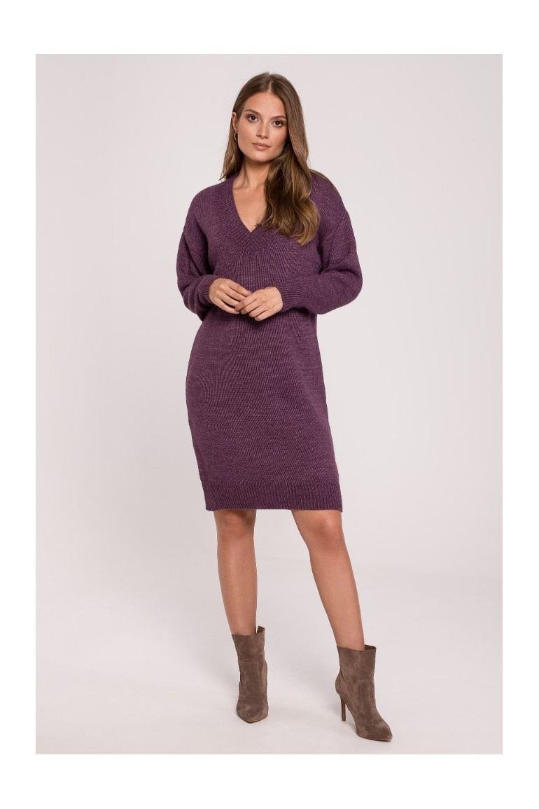CM6281 Sukienka swetrowa z dekoltem V - fioletowa