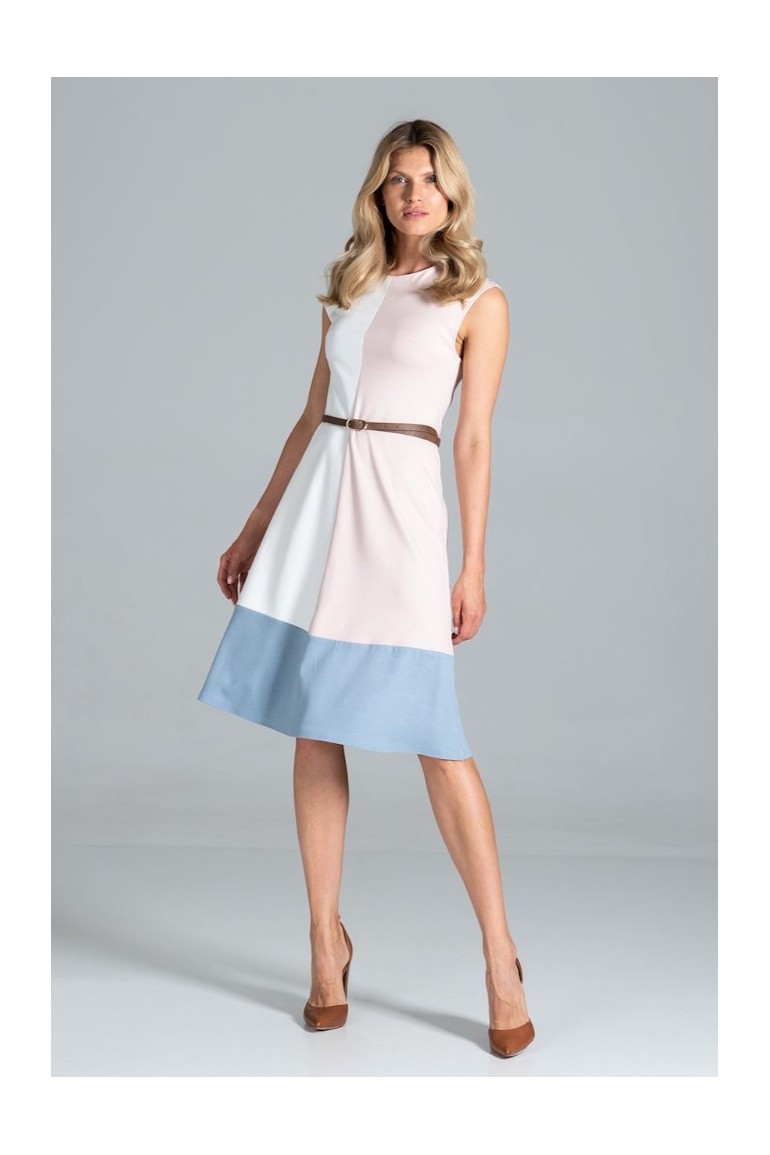 CM6307 Trapezowa sukienka midi - ecru-różowo-niebieska