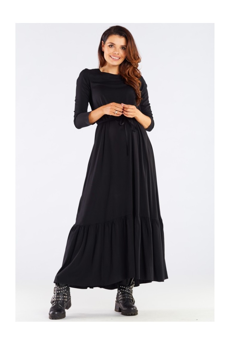 CM6358 Długa sukienka z falbaną i wiązaniem - czarna