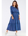 Długa sukienka z falbaną i wiązaniem - niebieska