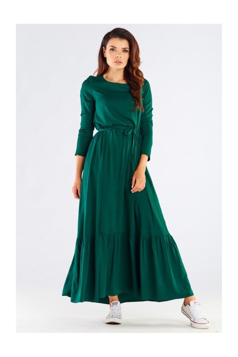 CM6358 Długa sukienka z falbaną i wiązaniem - zielona