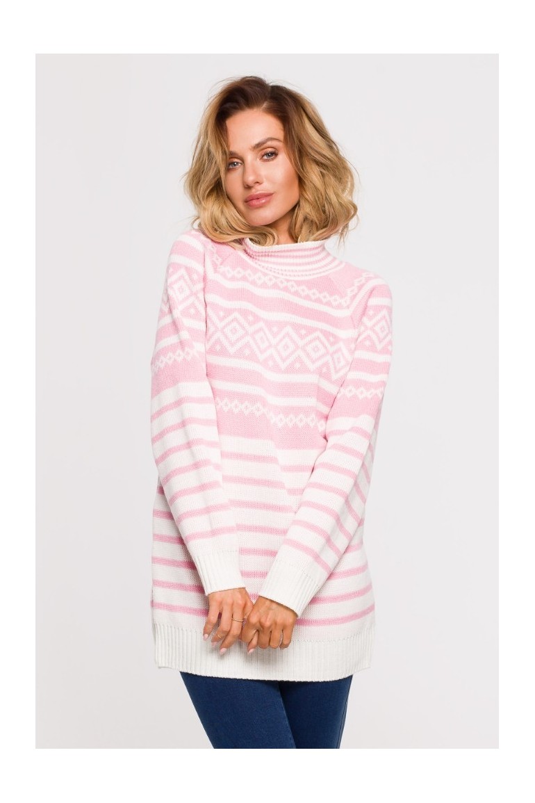 CM6420 Długi sweter z golfem - różowy