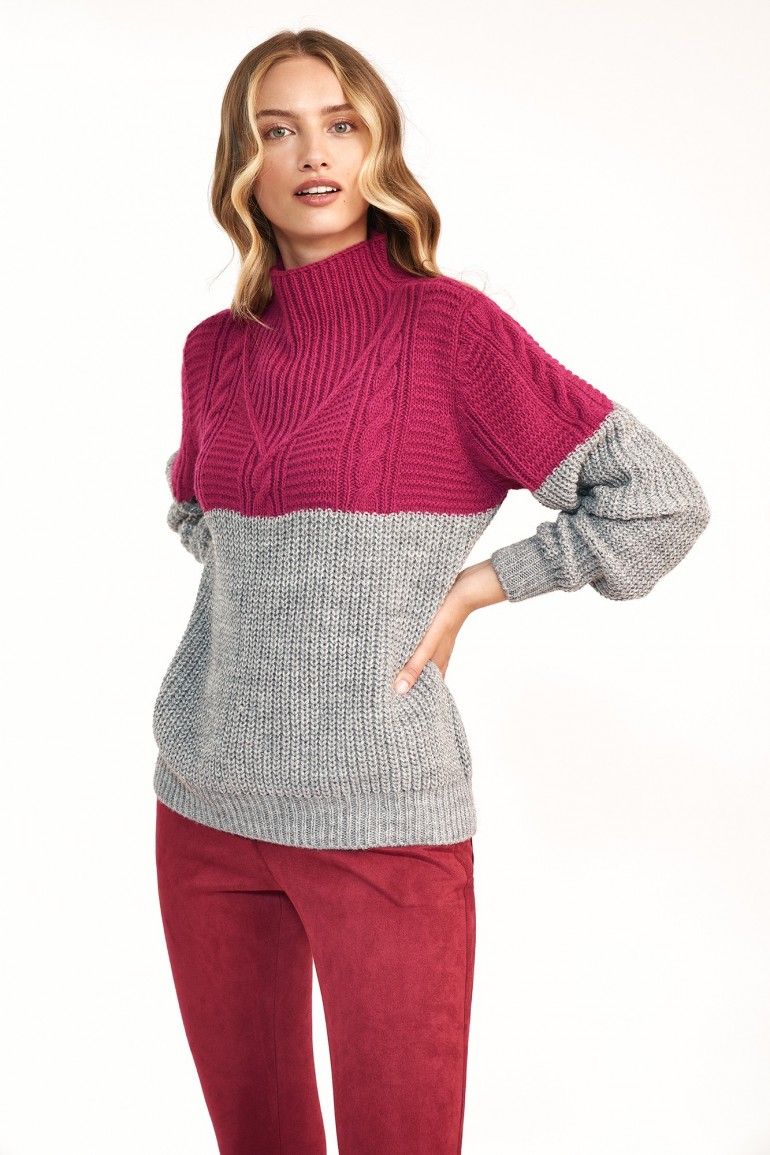 CM6436 Dwukolorowy ciepły sweter - malinowo-szary