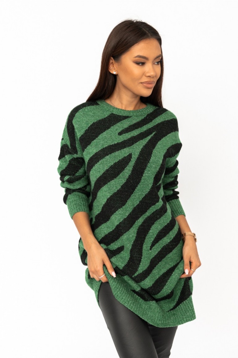 CM6471 Długi sweter wzór zwierzęcy - zielony