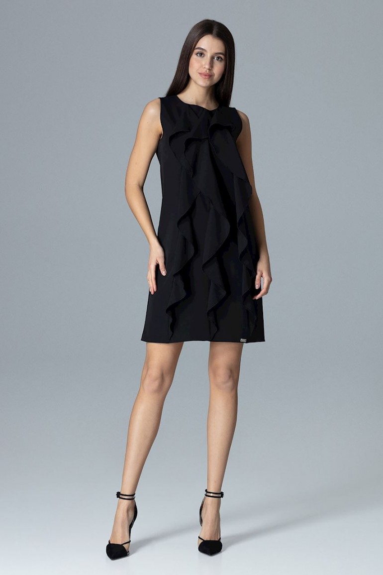CM4082 Trapezowa sukienka bez rękawów z falbanami - czarna