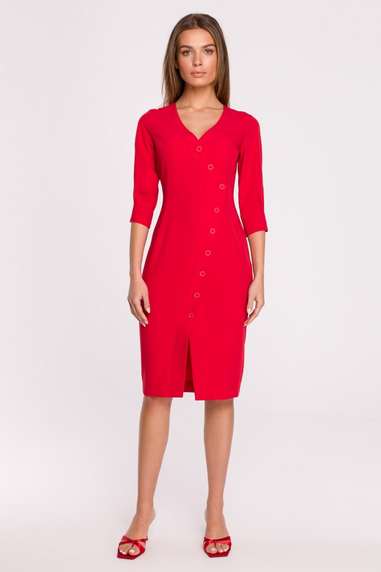 CM6502 Sukienka z asymetrycznym przodem i guzikami - czerwona