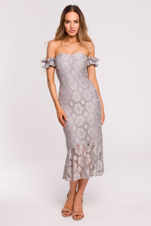 CM6530 Romantyczna koronkowa sukienka midi - szara