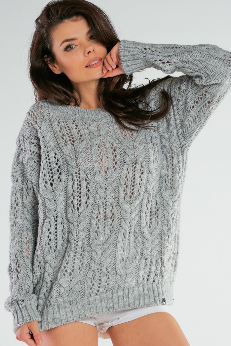 CM6675 Ażurowy sweter oversize - szary