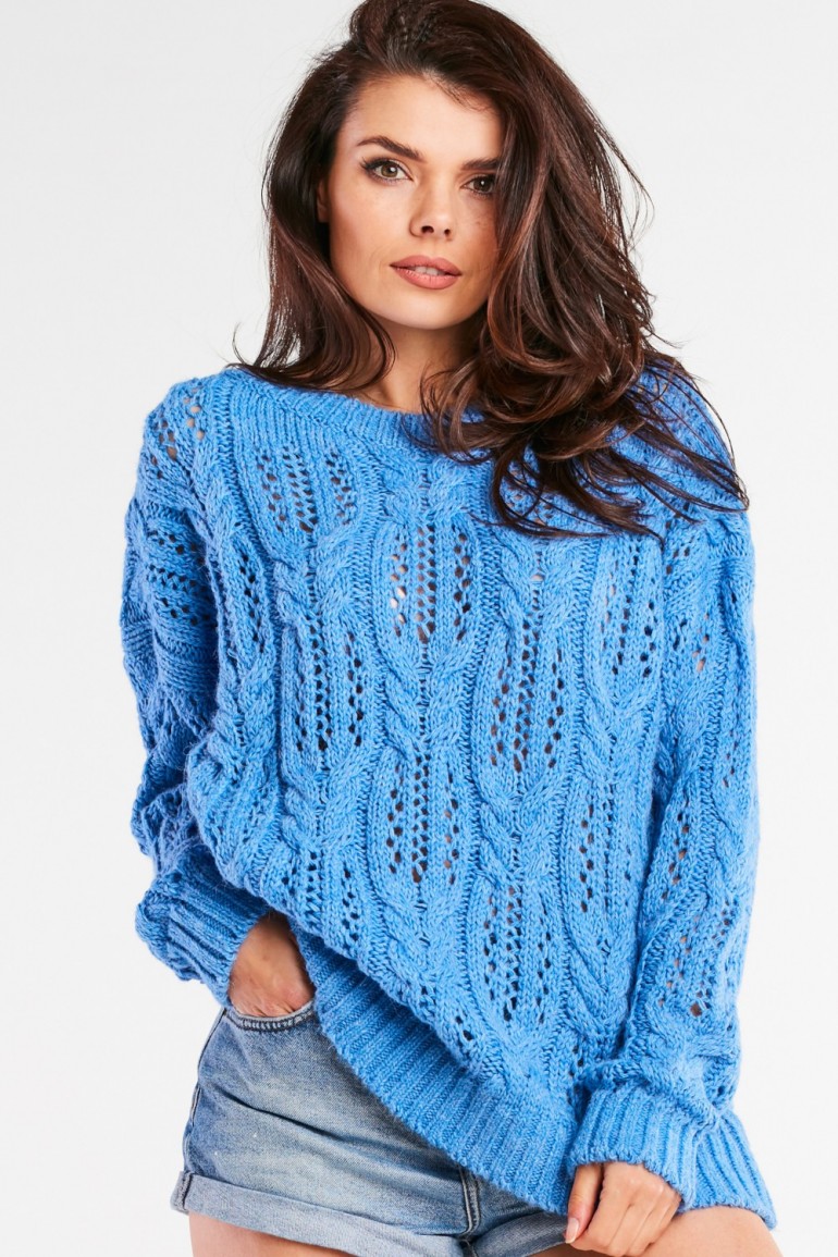 CM6675 Ażurowy sweter oversize - niebieski