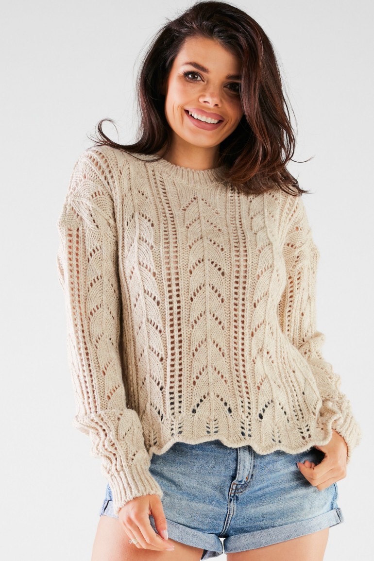 CM6677 Krótki sweter z okrągłym dekoltem - beżowy