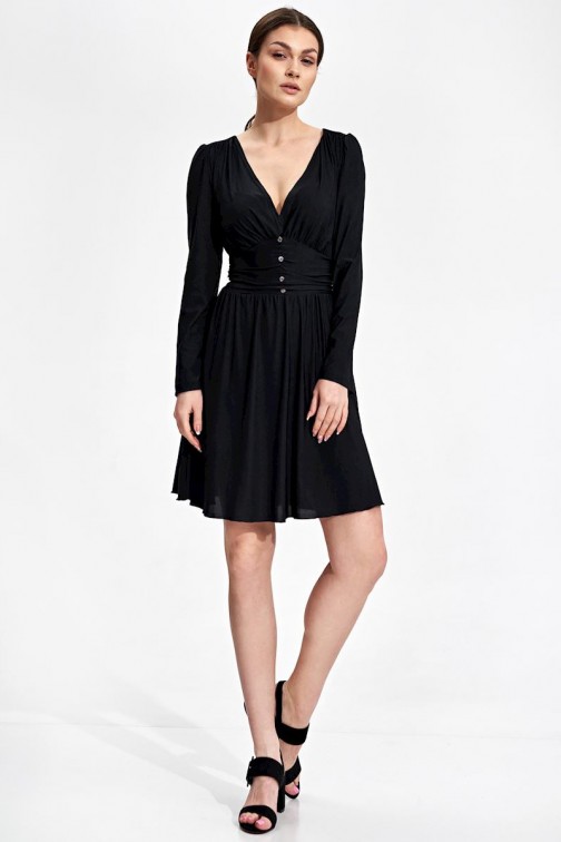 CM6720 Rozkloszowana sukienka mini z długim rękawem - czarna