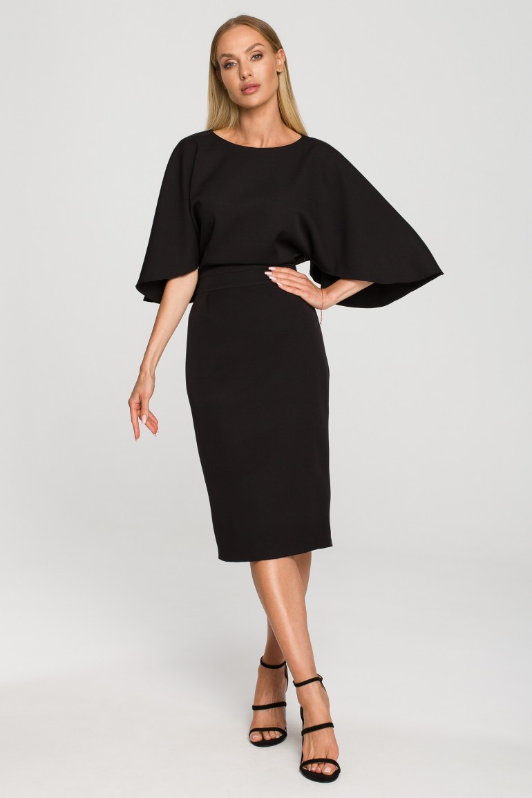 CM6844 Sukienka midi z szerokimi rękawami - czarna
