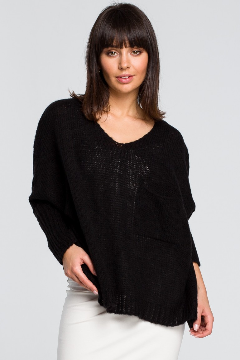 CM4145 Luźny sweter z kieszenią - czarny