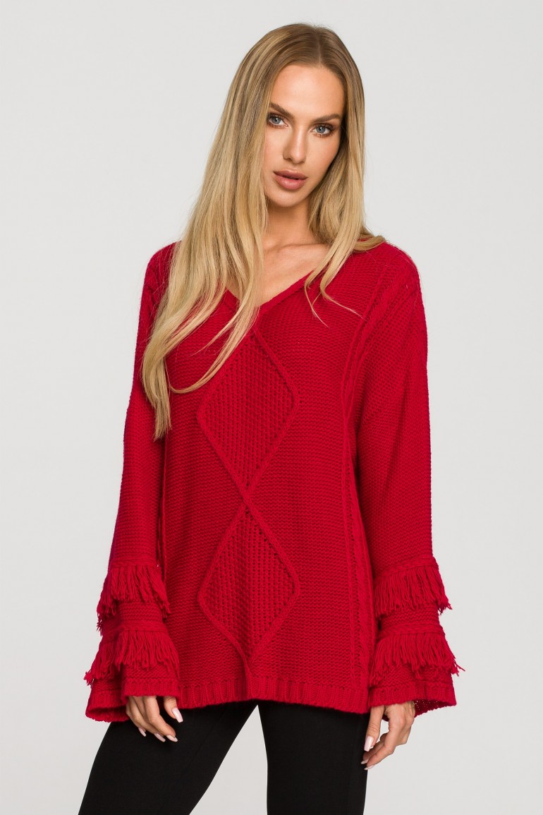 CM6854 Sweter w stylu boho z frędzlami - malinowy