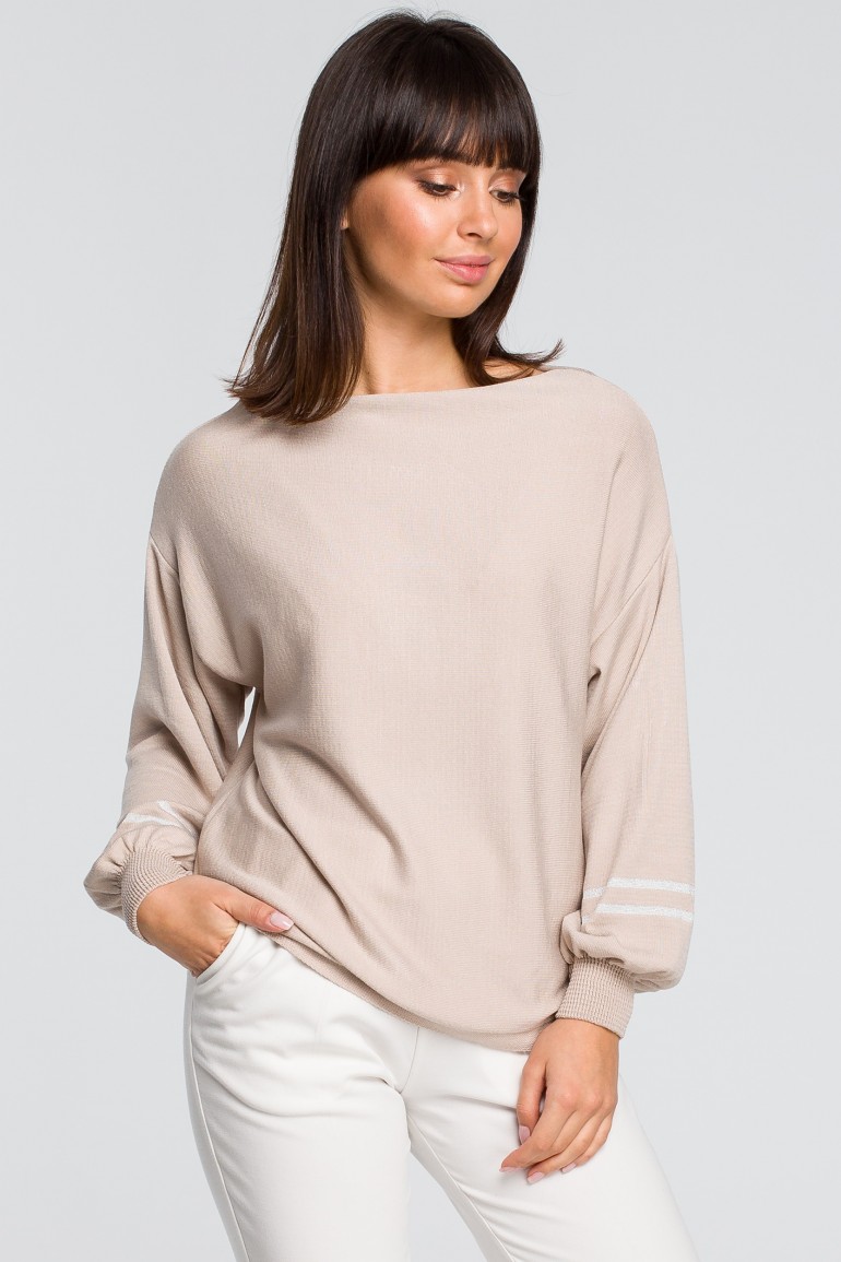 CM4151 Sweter z szerokimi rękawami i lampasem - beżowy