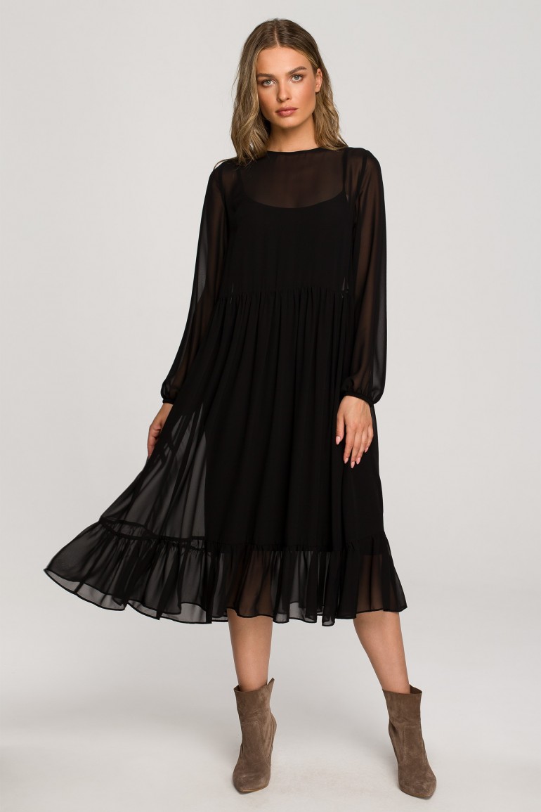 CM6917 Szyfonowa sukienka z falbaną - czarna