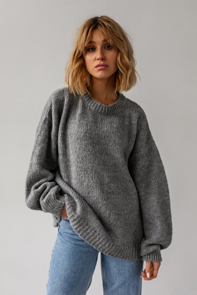 CM6737 Sweter oversize z bufiastymi rękawami - szary