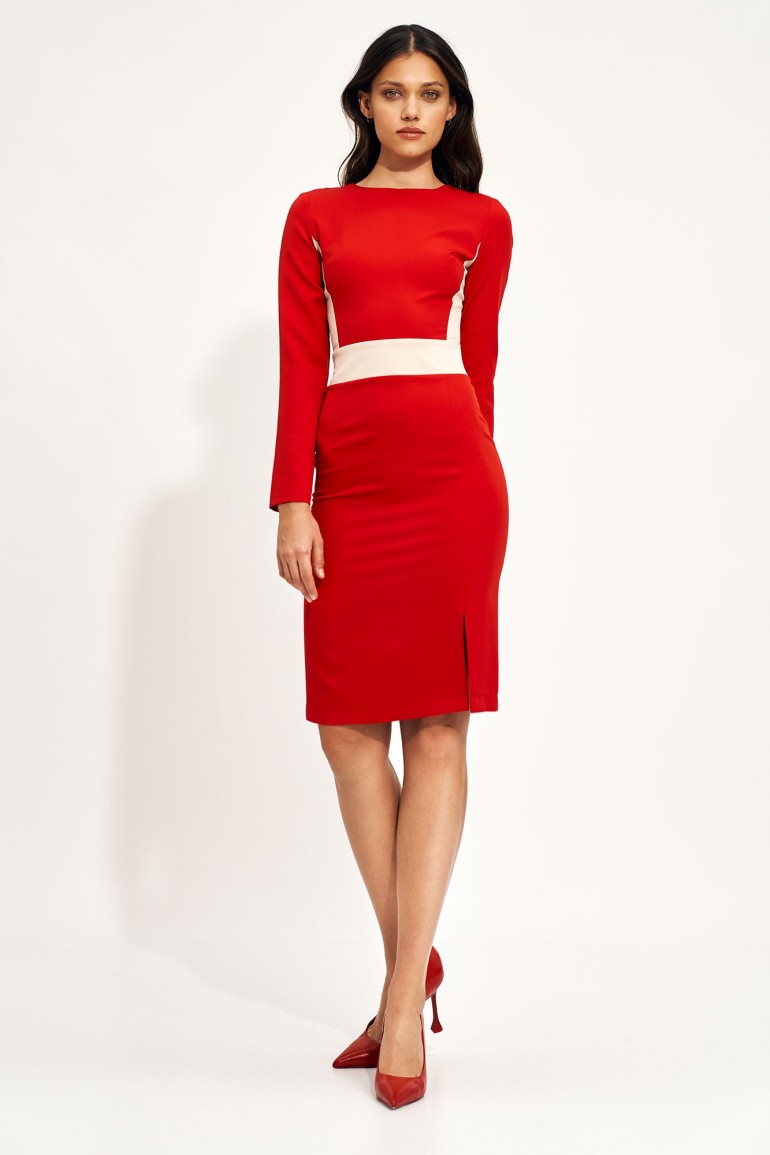 CM6775 Sukienka ołówkowa z kontrastową wstawką - czerwona