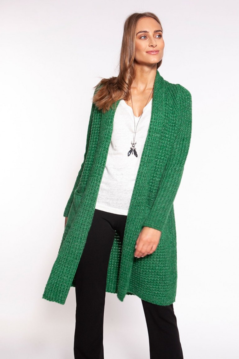 CM6781 Długi niezapinany sweter z kieszeniami - zielony